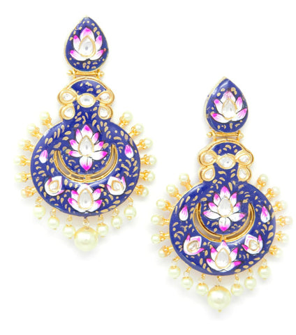 Blue Meenakari Chandbali Embedded Kundan Pearl Gold Earrings