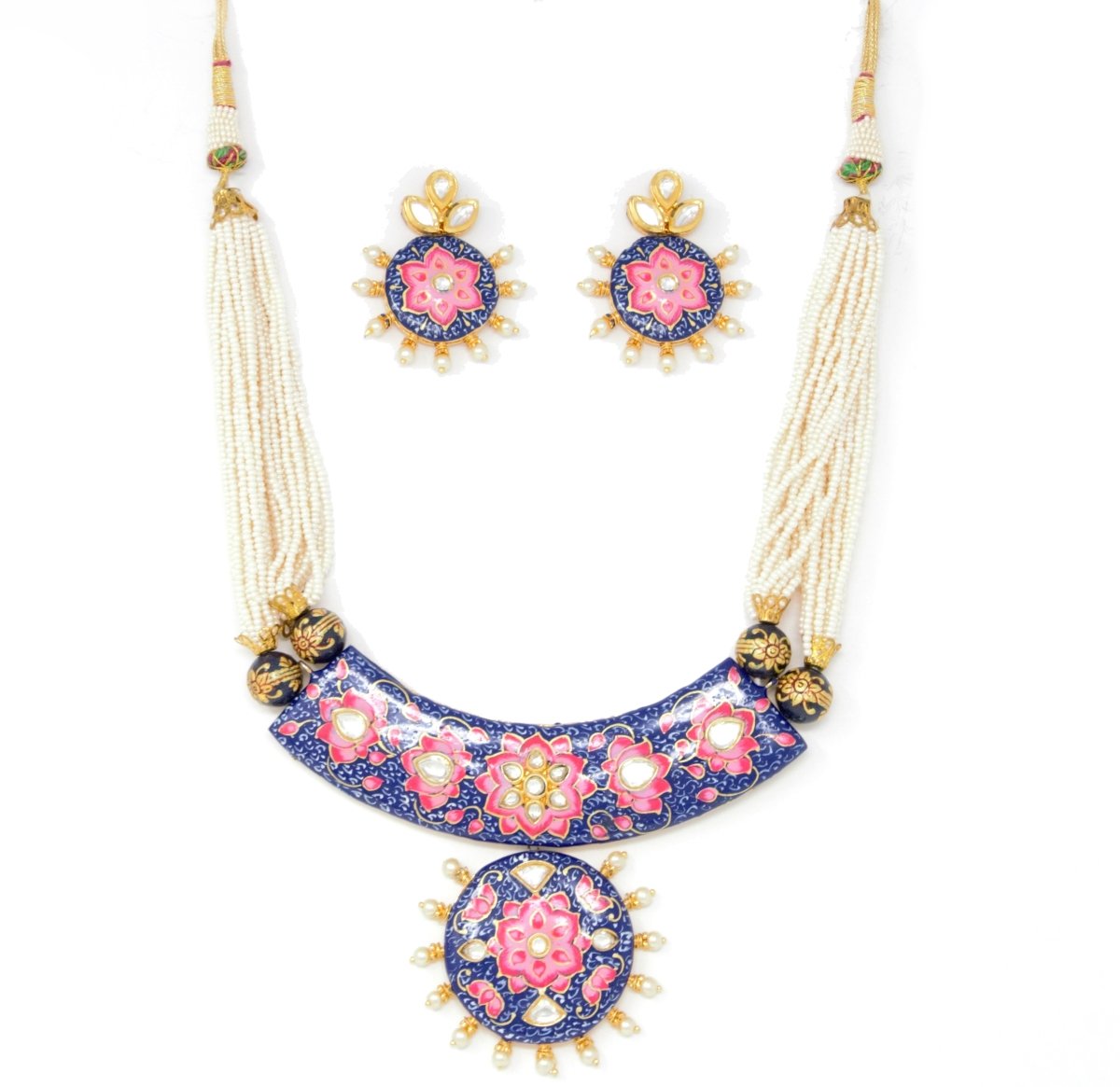 Blue Meenakari Gold Necklace Set Having Multi-layered Beads with Earrings