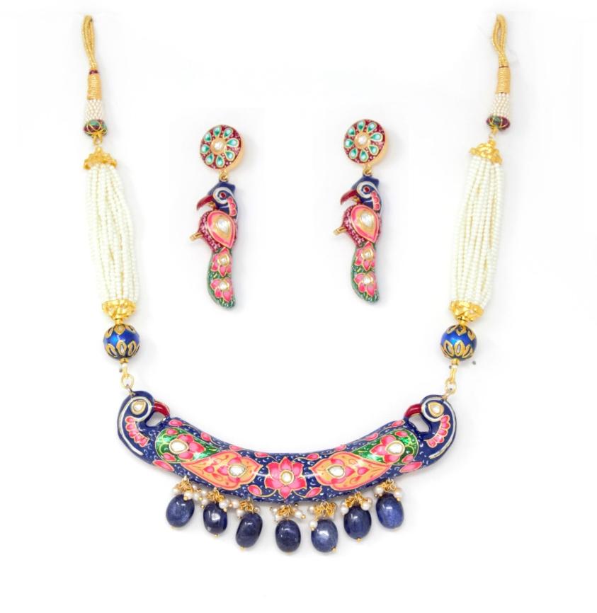 Blue Meenakari Peacock Design Gold Necklace Set with Earrings