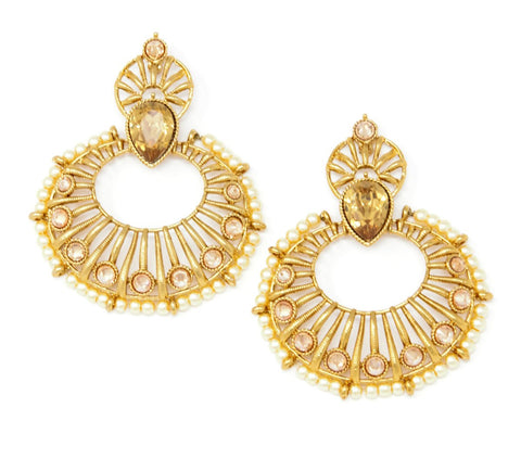 Gold Chandbali Earrings With Embedded Stones and Pearl Beads around
