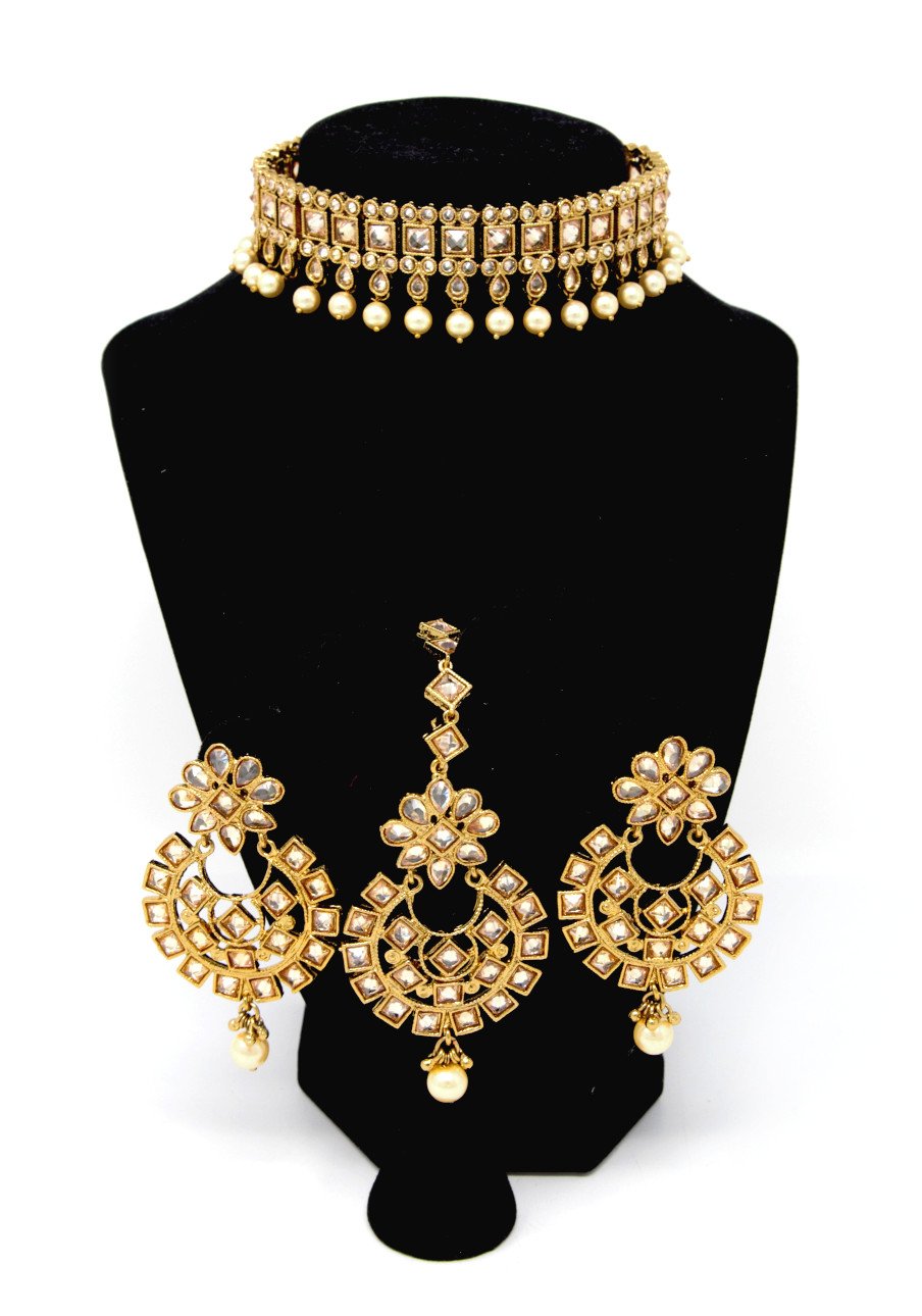 Gold Choker Necklace Set Embedded Stones and Pearl Drops with Earrings and Maangtikka