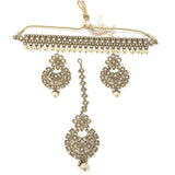 Gold Choker Necklace Set Embedded Stones and Pearl Drops with Earrings and Maangtikka