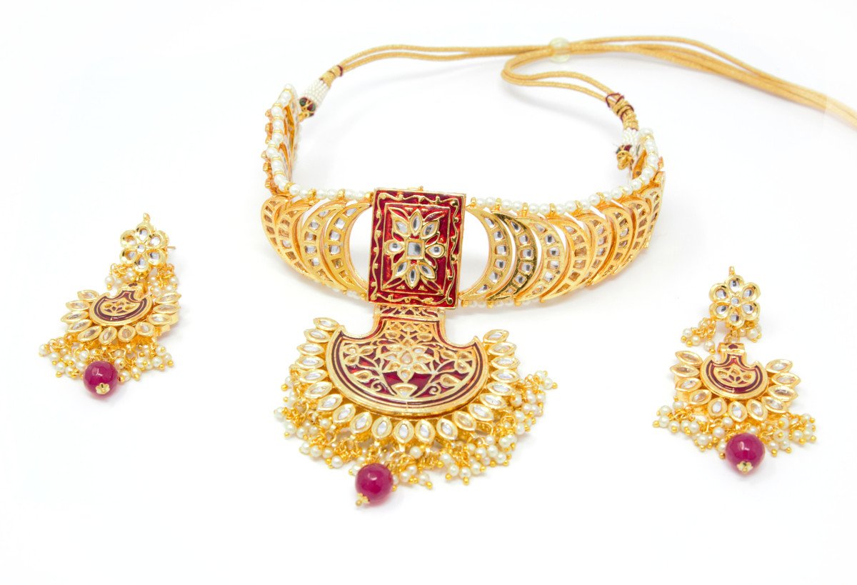 Gold Choker Necklace Set Maroon Floral Meenakari with Pearl Drops
