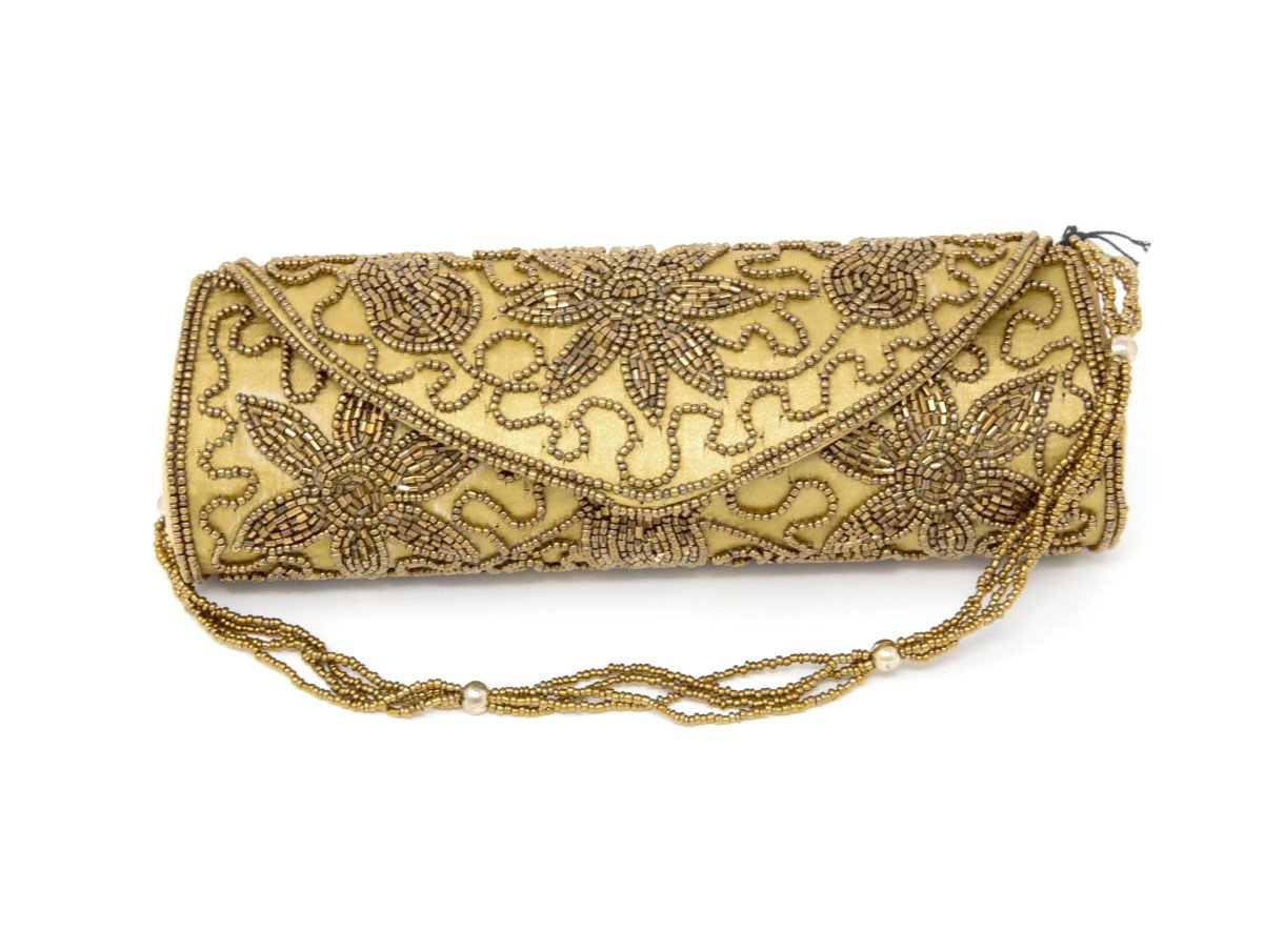 Gold Handmade Cutdana Embroidery Handbag with Chain