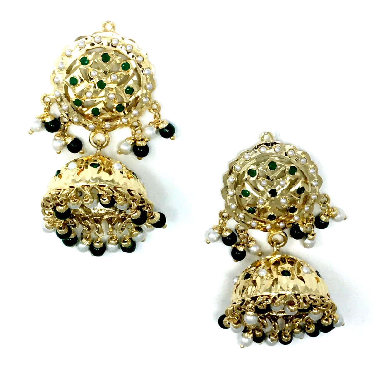 Gold Dangle Drop Jhumka with Pearl and Black Beads