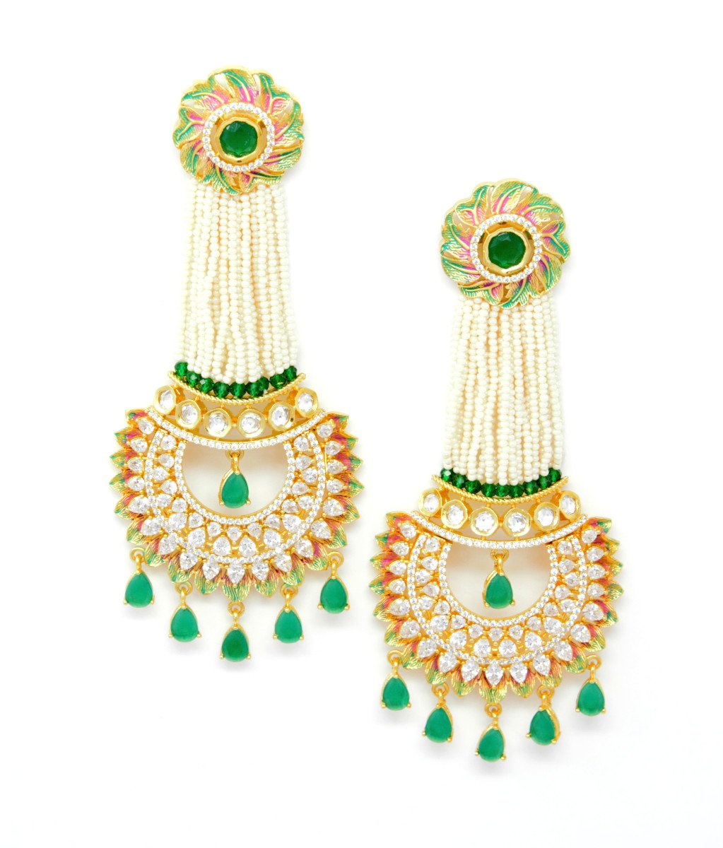 Gold Dangling Chandbali With Multi Layer Beads and Embedded Green and White Stones