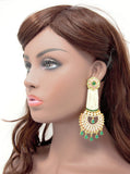 Gold Dangling Chandbali With Multi Layer Beads and Embedded Green and White Stones