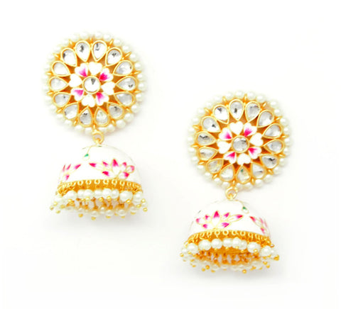 White Meenakari Jhumka Earrings with Pearl Beads and Drops