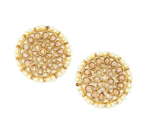 Gold Embedded Stone With Pearl Bead Around Stud Earrings