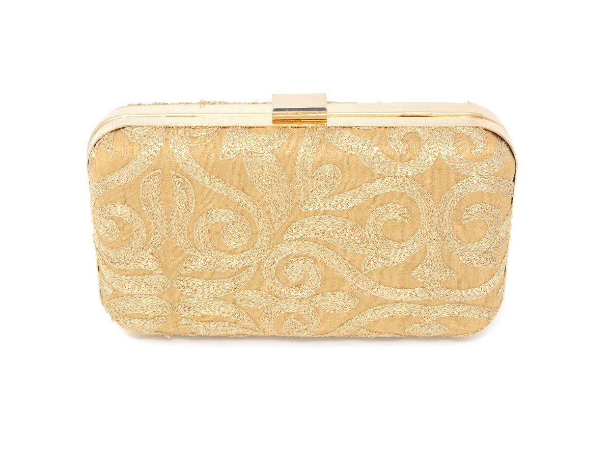 Gold Embroidered Clutch With Chain