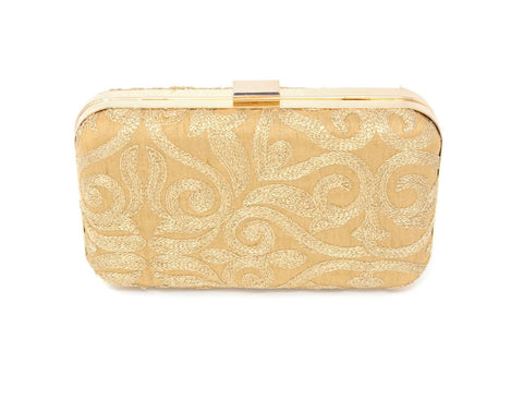 Gold Embroidered Clutch With Chain