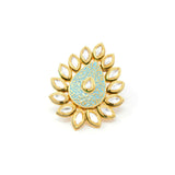 Gold Color Leaf Style Kundan Ring With Turquoise Green Carving Around Centered Kundan