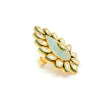 Gold Color Leaf Style Kundan Ring With Turquoise Green Carving Around Centered Kundan