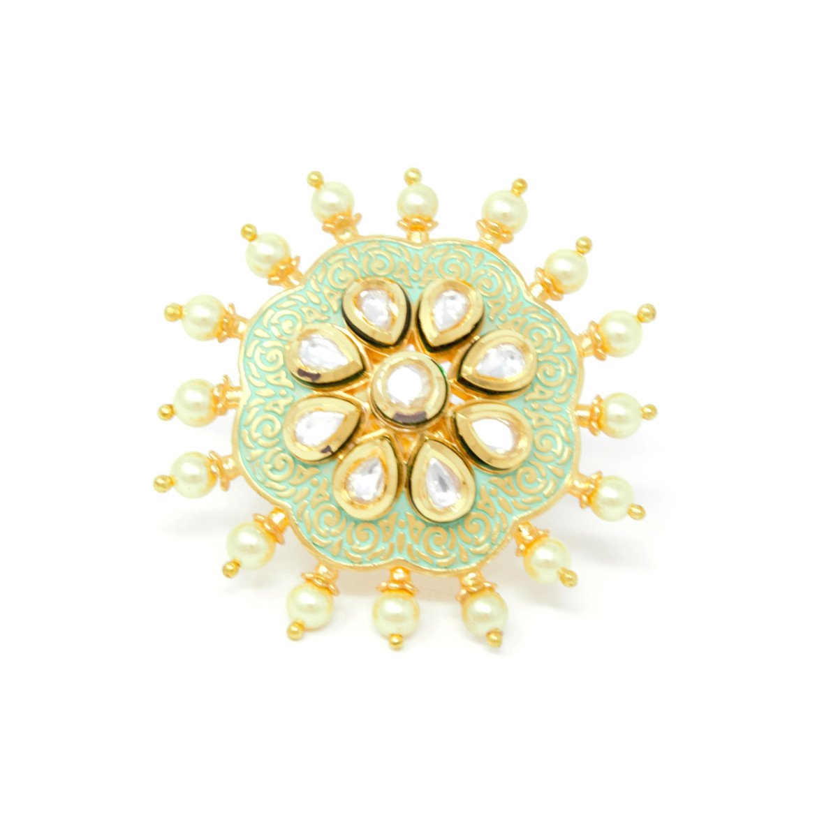 Gold Kundan Ring With Green Carvings and Pearl Beads Around