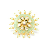Gold Kundan Ring With Green Carvings and Pearl Beads Around