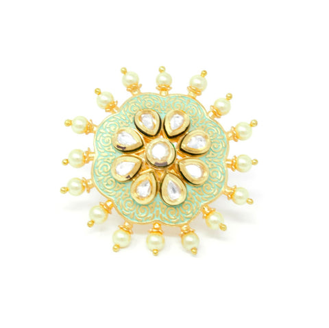 Gold Kundan Ring With Green Carvings and Pearl Beads Around