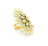 Gold Kundan Ring With Green Carvings and Pearl Beads Around
