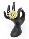 Gold Kundan Ring With Green Carvings and Pearl Beads Around
