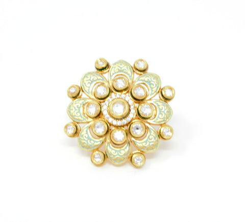Gold Kundan Ring With Green Carvings and White Stones Around Centered Kundan Piece