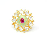Gold Kundan Ring With Centered Embedded Ruby Color Stone and Green Carvings