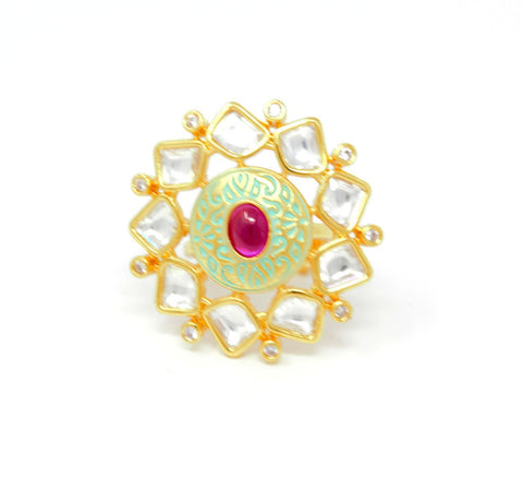 Gold Kundan Ring With Centered Embedded Ruby Color Stone and Green Carvings