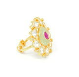 Gold Kundan Ring With Centered Embedded Ruby Color Stone and Green Carvings