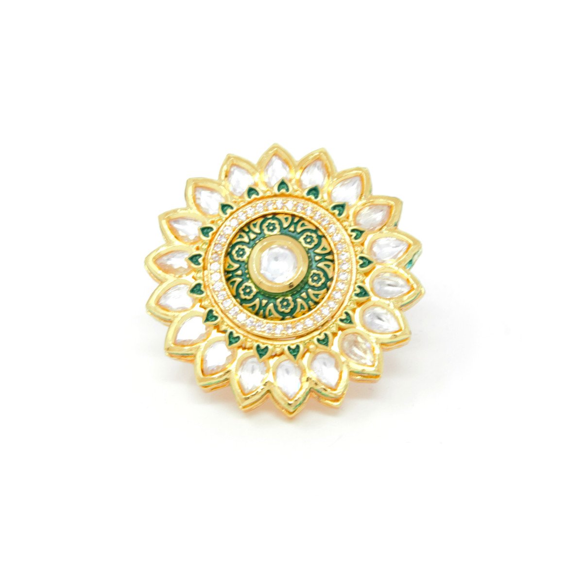 Gold Kundan Ring With Green Carvings around Centered Embedded Kundan and White Stones