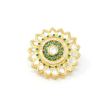 Gold Kundan Ring With Green Carvings around Centered Embedded Kundan and White Stones