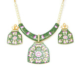 Green Meenakari Gold Necklace Set Pearl Beads with Earrings
