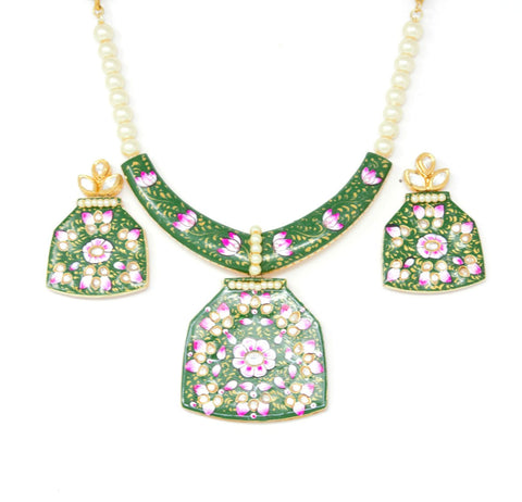 Green Meenakari Gold Necklace Set Pearl Beads with Earrings