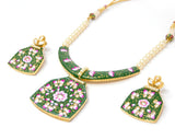 Green Meenakari Gold Necklace Set Pearl Beads with Earrings