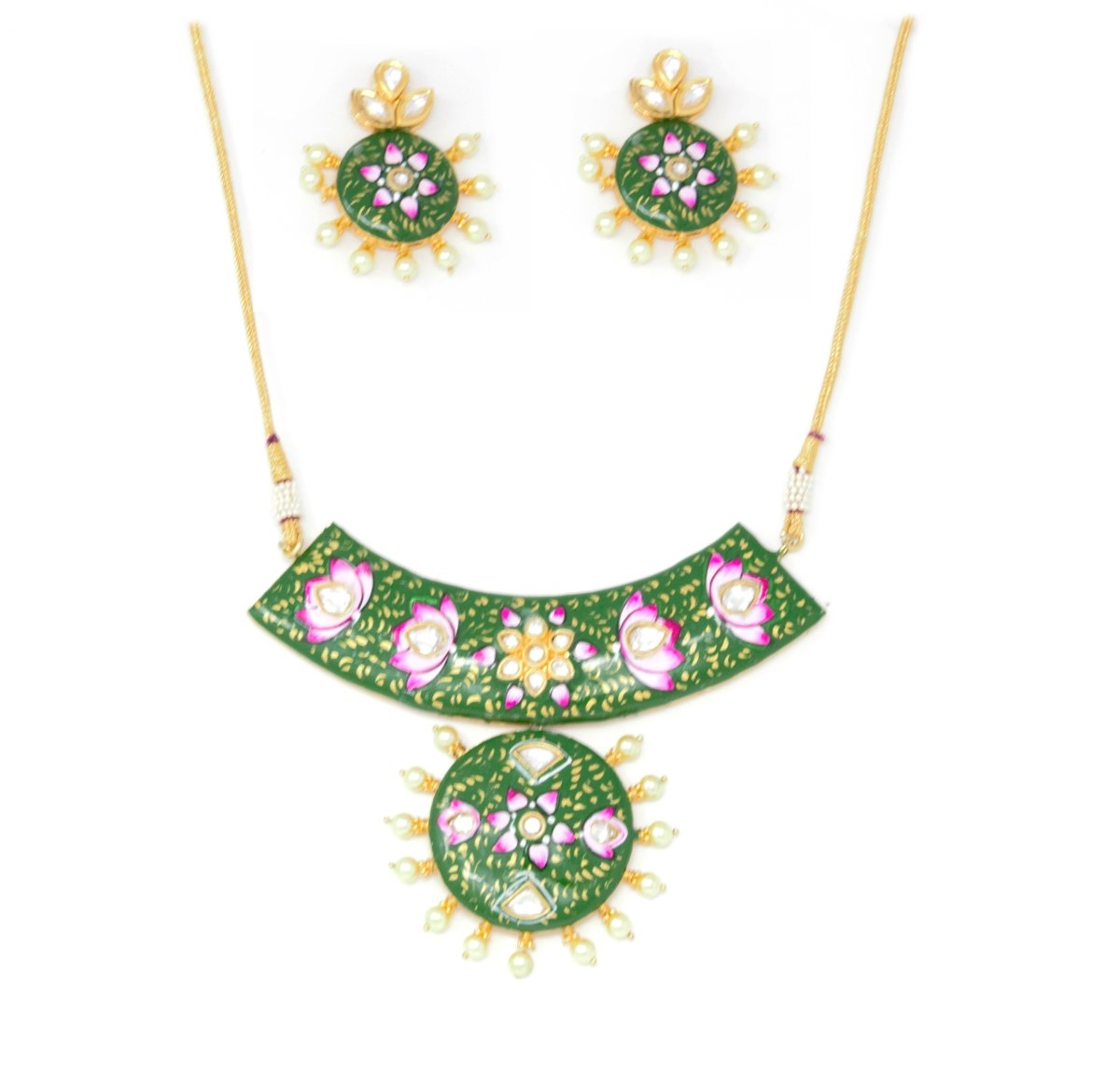 Green Meenakari Gold Necklace Set with Earrings