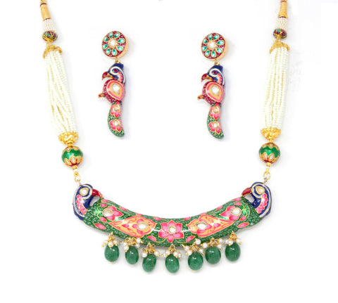 Green Meenakari Peacock Design Gold Necklace Set with Earrings