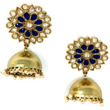 Gold Jhumka with Blue and White Stones with Dangling Pearls