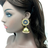 Gold Jhumka with Blue and White Stones with Dangling Pearls