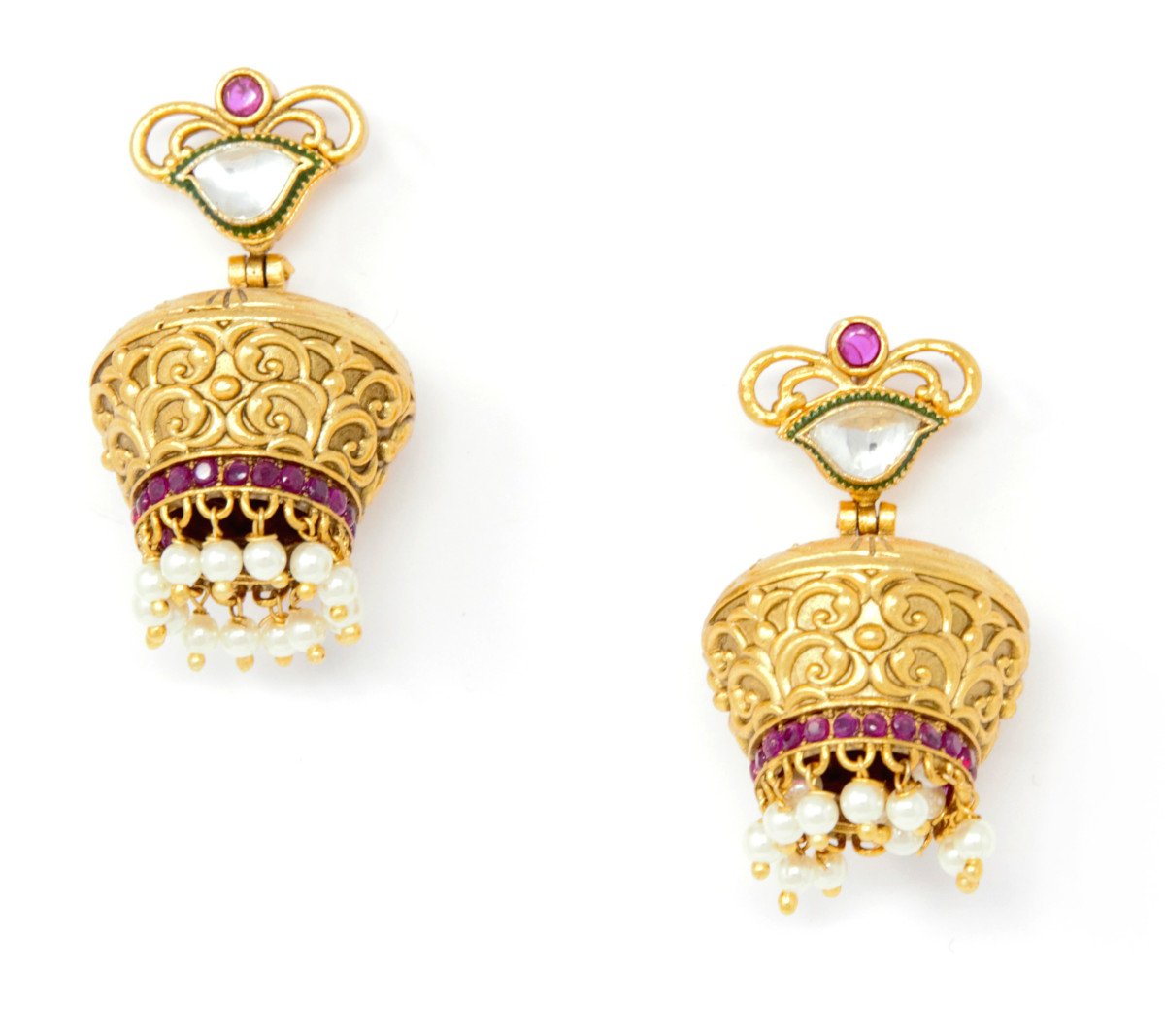 Gold Jhumka Earrings Pearl Drops With Embedded Kundan and Blue Stones