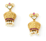 Gold Jhumka Earrings Pearl Drops With Embedded Kundan and Blue Stones