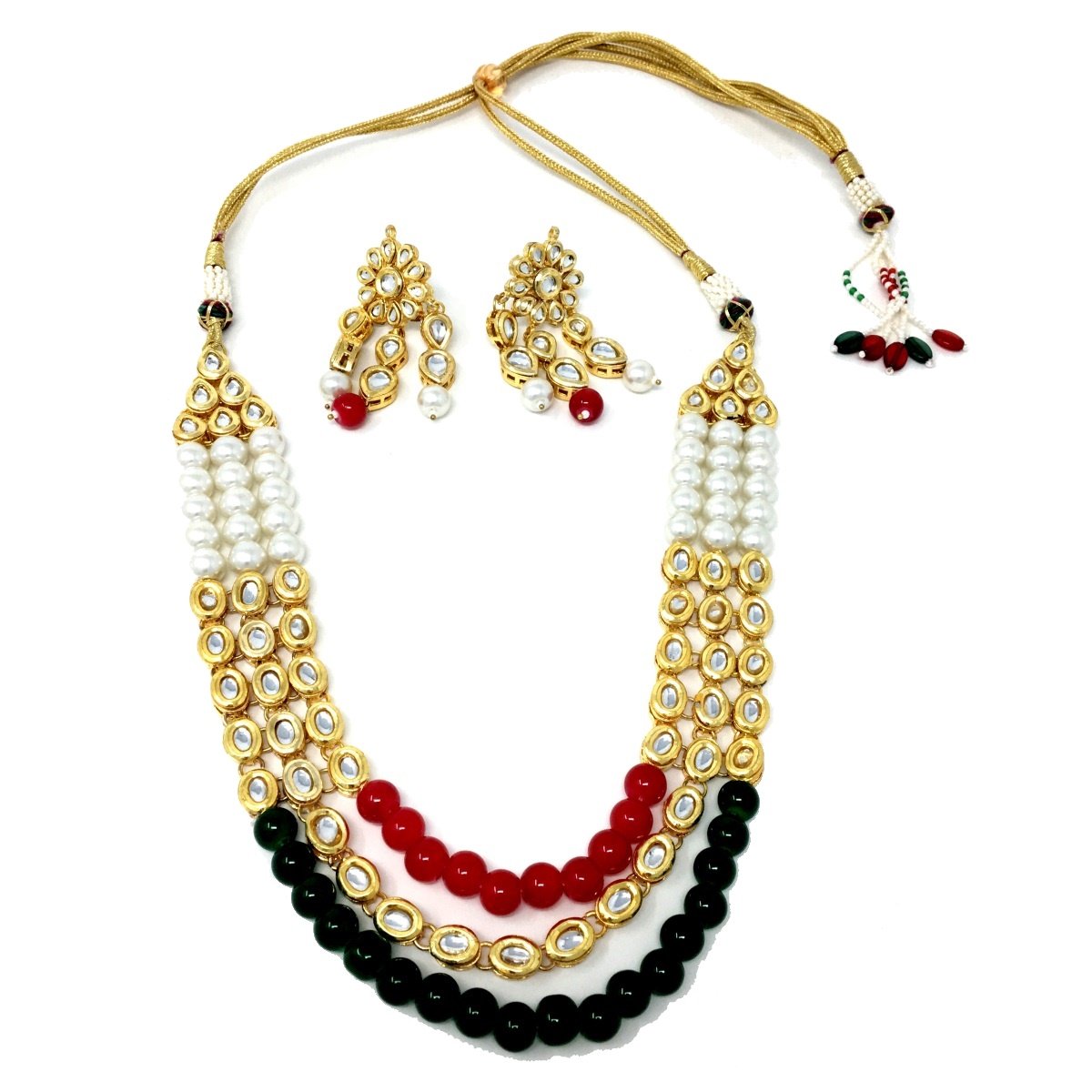 Gold Kundan Necklace Set with Earrings Pearl Beads