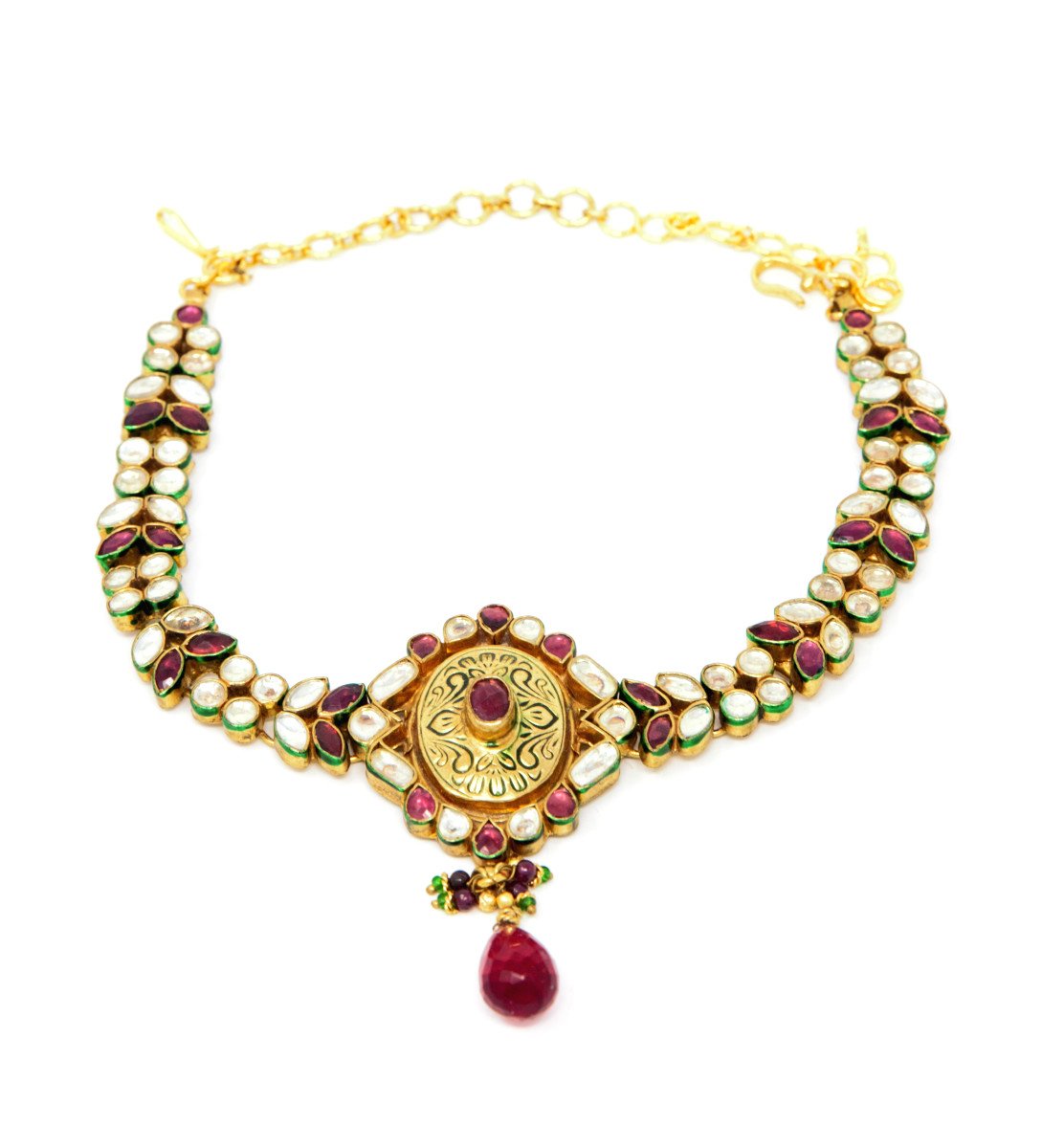 Gold Kundan Armlet with Maroon Stone Drop