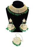 Gold Kundan Choker Necklace Set Dangling Green Beads with Maangtikka and Earrings