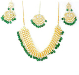 Gold Kundan Choker Necklace Set Dangling Green Beads with Maangtikka and Earrings