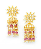 Gold Kundan Jhumka Earrings With Pearl and Stone Fringe