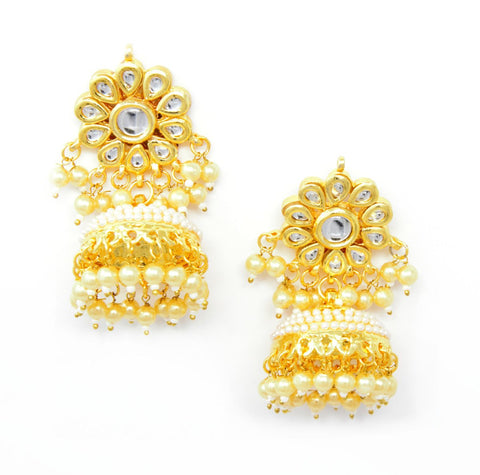 Gold Kundan Jhumka Earrings With Pearl Drops