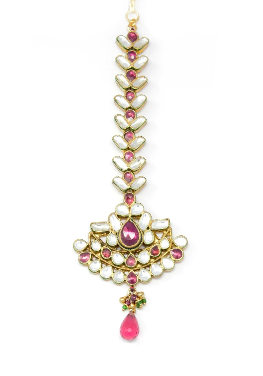 Gold Kundan Maangtikka with Maroon Stone Drop