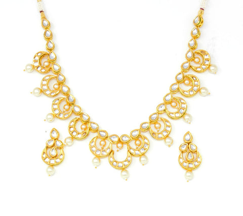Gold Kundan Necklace Set With Earrings and Pearl Drops