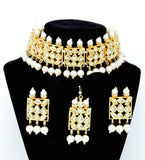 Gold Kundan and Pearl Choker Necklace Set with Maangtikka and Earrings