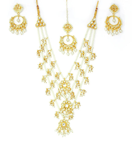 Gold Kundan and Pearl Long Necklace With Earrings and Maangtikka