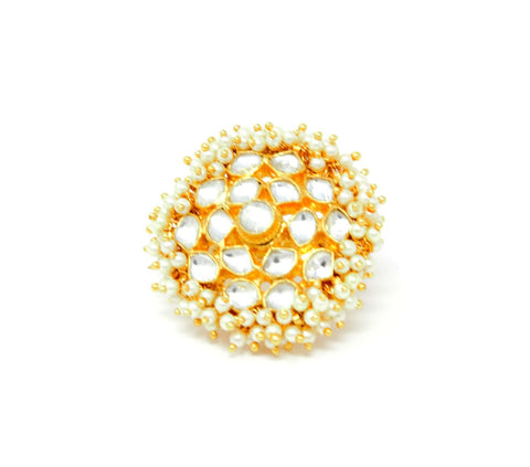 Gold Kundan Ring With Pearl Drops Around
