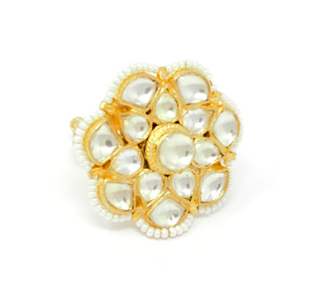 Gold Kundan Ring With Pearl Beads Around