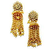Gold Long Jhumka Earrings With Pearl Beads